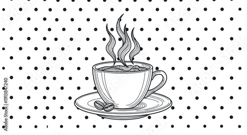 Steaming cup of coffee on a saucer with spoon on a dotted background