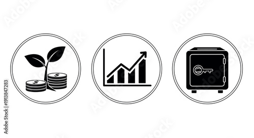 A graphic illustration shows a plant growing from coins, a rising graph, and a safe.