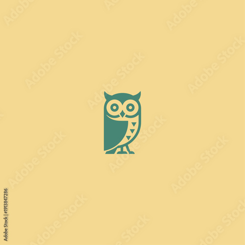 Minimalist vector illustration of a teal owl with geometric wing patterns, standing on a pale yellow background, perfect for branding or educational app icons.