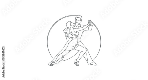 A couple dances tango in a studio with circular motion lines around them.