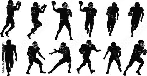 American football player silhouettes collection, dynamic quarterback passing, running and tackling action poses, isolated vector illustration for team sport competition themes