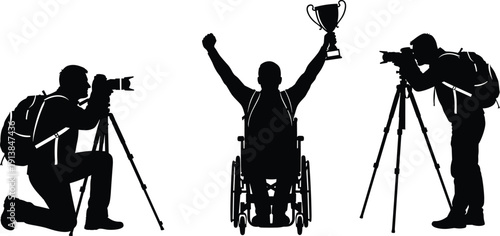 Disabled athlete celebrating victory with trophy, photographers capturing inspiring moment, silhouette vector illustration for achievement, sports success and media coverage themes