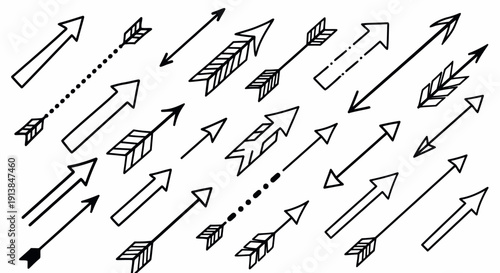 A collection of various arrows and arrowheads pointing in different directions on a white background.