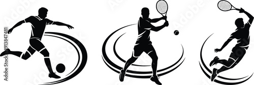 Dynamic sports silhouettes featuring soccer and tennis players in action poses, isolated vector illustration for competition, fitness training and active lifestyle design