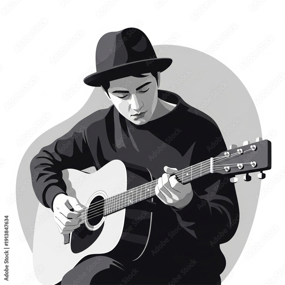 Obraz premium Young Man Wearing Hat Playing Acoustic Guitar in Black and White.