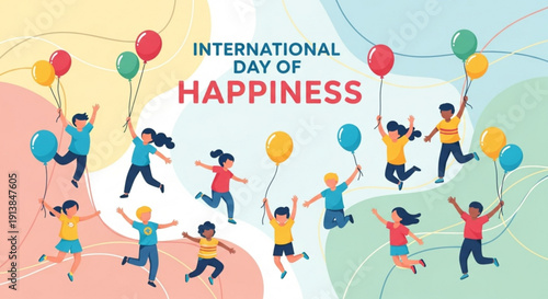 Children celebrating international day of happiness with colorful balloons and joyful expressions in a vibrant background