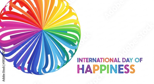 Vibrant rainbow swirl design celebrating international day of happiness with colorful text on white background