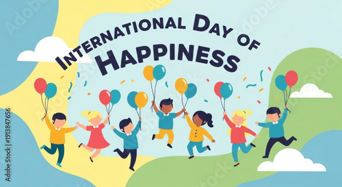 Children celebrating international day of happiness with balloons and smiles in a colorful landscape