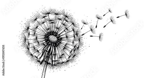 Dandelion seeds dispersing in the air with some seeds floating away.