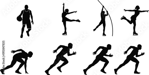 Sports silhouettes collection featuring basketball player, figure skaters and sprinters in dynamic action poses, isolated vector illustration for fitness and competition themes