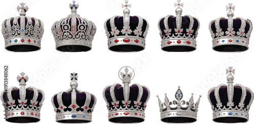 Royal crown collection set luxury king queen medieval monarchy jewel headpiece vector illustration isolated white background design