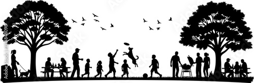 Happy people silhouettes enjoying diverse outdoor activities in a vibrant park setting