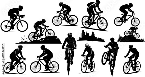 Dynamic silhouettes of cyclists riding various bicycles, including road and mountain bikes.