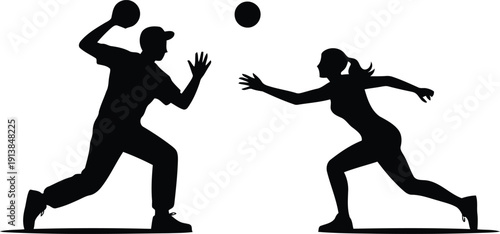 Two athletic silhouettes depict a man in a cap throwing a ball toward a woman in motion