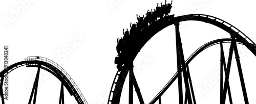 Excited people riding a thrilling roller coaster silhouette against a bright white sky