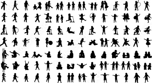 Large Collection of Diverse Children Silhouettes Playing, Running, and Interacting on White