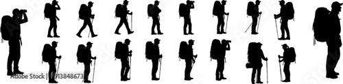 Diverse silhouettes of hikers with backpacks and walking sticks on a clean white background