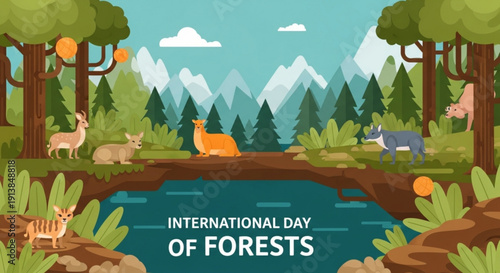 International day of forests illustration with animals and trees