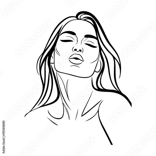 Dibujo con líneas del retrato de una hermosa joven enviando un beso