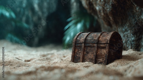 An antique treasure chest sits gracefully in a sandy cave, evoking feelings of adventure and mystery, surrounded by nature's elements in an enchanting underworld setting.