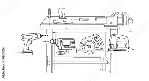 Woodworking Workbench with Power Tools in Minimalist Line Art Style on White Background for DIY Projects