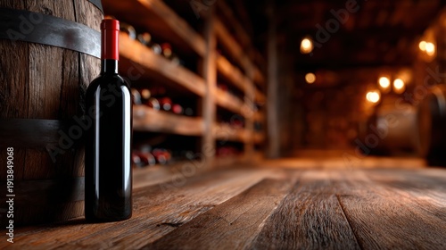 This image captures a single elegant red wine bottle set against wooden barrels in a cozy wine cellar, evoking warmth and sophistication in a rustic atmosphere.