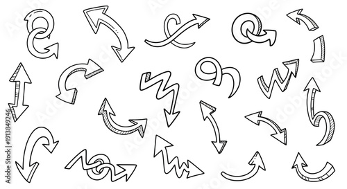 Hand drawn arrows in various directions and styles in black and white line art for graphic design elements