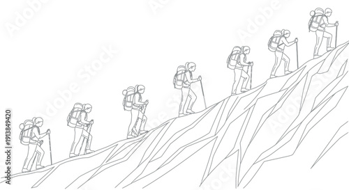 Hikers on mountain slope in minimalist line art with white background for adventure travel
