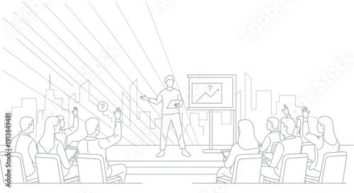 Business Presentation in Modern Auditorium with Spotlight on Speaker in Simple Line Art Style for Corporate Training