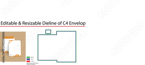 Editable and Resizable Dieline of C4 Envelope Template with Color- Coded Guidelines