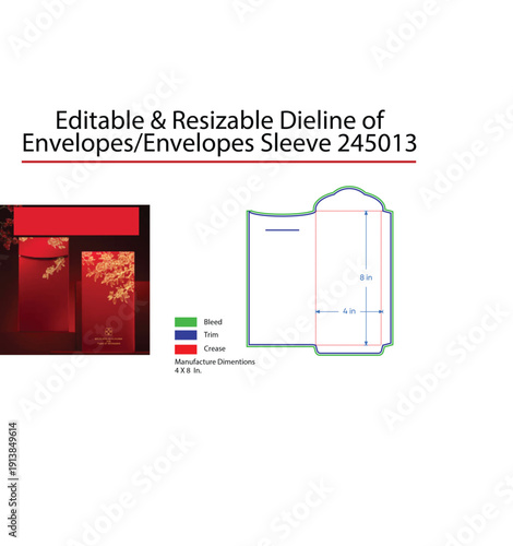 Editable Resizable Dieline of Envelopes Sleeve 245013 with Dimensions
