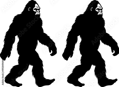 Bigfoot silhouette collection, mythical forest creature vector set, legendary sasquatch walking graphics, cryptid animal icons, isolated black mystery nature elements.