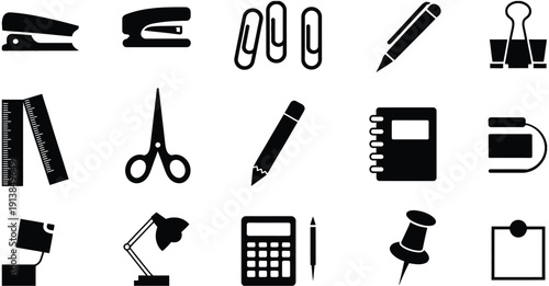 Collection of Black Office Supplies and Stationery Icons, vector icon set illustrating essential office equipment, stationery tools, desk accessories, corporate and educational materials, clean black 