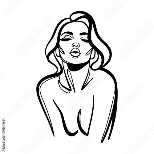 Dibujo con línea continua del retrato de una hermosa joven  desnuda enviando un beso
