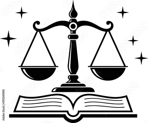 Legal justice scale icon, law balance with open book symbol, judicial authority graphic, courthouse equality sign, legislation rights emblem, isolated black professional silhouette design.
