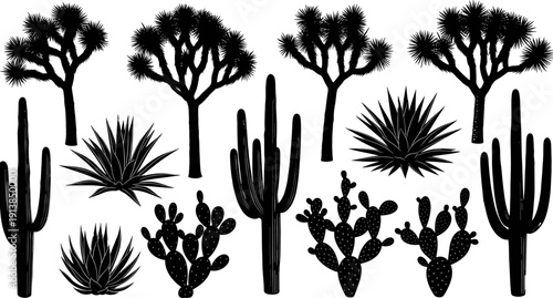 Cactus silhouette collection, desert plant succulent vector set, arid landscape foliage graphics, saguaro agave prickly pear icons, isolated black flora elements.
