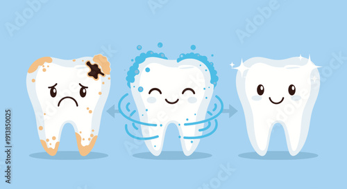Cute Tooth Transformation Illustration – From Cavities to Clean Healthy Smile Vector Art