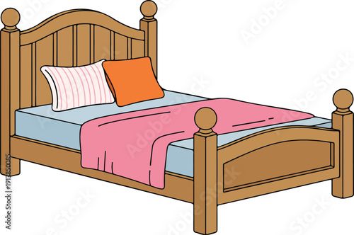 Modern Bed with Pillows Vector Illustration Bedroom Furniture