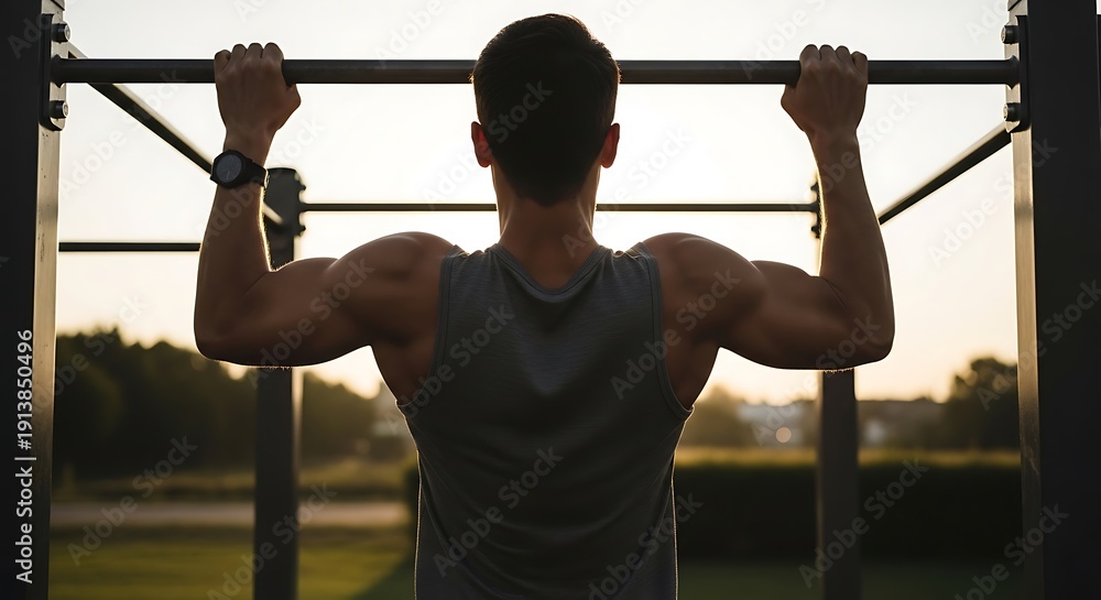 Naklejka premium Young man passionately challenging his physical limits with a demanding pull-up exercise outdoors, embodying strength and focused dedication during an intense workout session