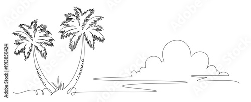 continuous line drawing of a beach scene with palm trees 1.eps