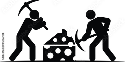 Two human figures diligently mining a large rectangular block of cheese with pickaxes