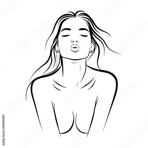 Dibujo con líneas del retrato de una hermosa joven desnuda enviando un beso
