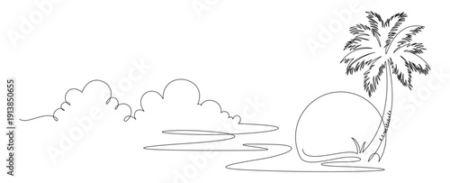 continuous line drawing of a beach scene with palm trees 5.eps
