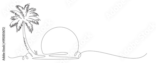 continuous line drawing of a beach scene with palm trees.eps
