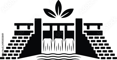 Hydroelectric Dam Silhouette Icon Renewable Energy with Eco Leaf
