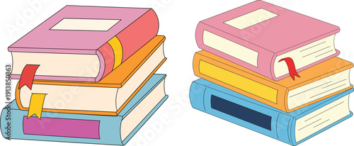 Colorful stacked books with bookmarks, piled textbooks and novels for reading, study, education, library, learning, literature vector illustration