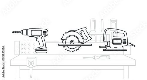 Power Tools on Workbench in Monochromatic Illustration with Detailed Line Art for DIY Projects