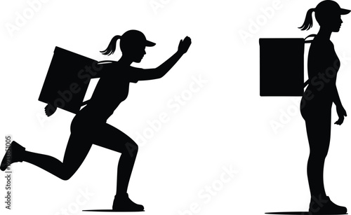 Female delivery courier silhouette with thermal backpack, running and standing poses, fast food delivery concept, urban courier service, contactless logistics