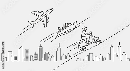 Man Riding Lawn Mower with Airplane and Ship in Minimalist Line Art Style with Monochromatic Color Scheme on White Background for Advertising