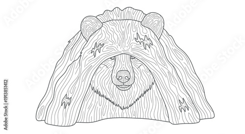 Carved wooden bear face in serene expression with gentle line art in monochrome illustration for nursery decor
